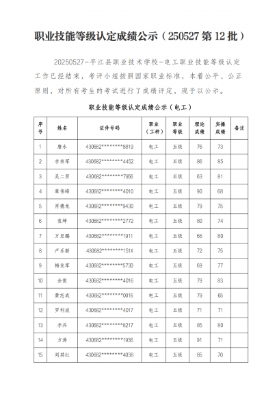 职业技能等级认定成绩公示（250527 第 12 批）